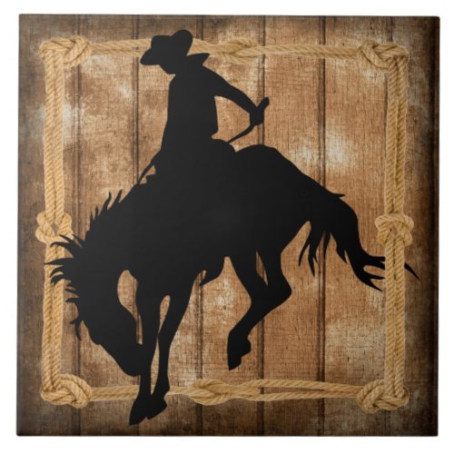 Silhouette Rodeo Cowboy on Bucking Bronco Horse Ceramic Tile