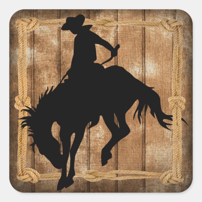 Silhouette Rodeo Cowboy on Bucking Bronco Horse Square Sticker (Front)