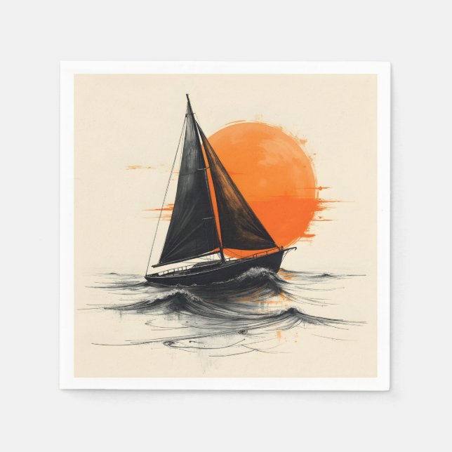 Silhouette Sailboat Sketch With Orange Sun Napkins (Front)