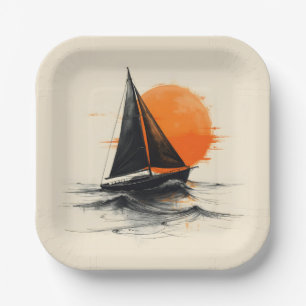 Silhouette Sailboat Sketch With Orange Sun Paper Plates