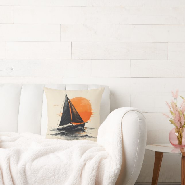 Silhouette Sailboat Sketch With Orange Sun Throw Pillow (Couch)