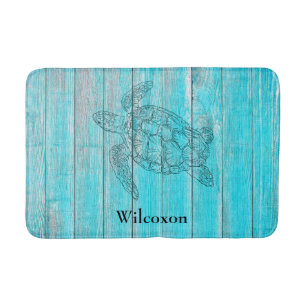 Silhouette Sea Turtle Rustic Teal Wood Bath Mat