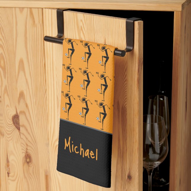 Silhouette Soccer, African Art Orange Kitchen Towel (Thirds Fold)