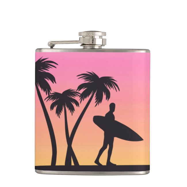 Silhouette Surfer at Pink Sunset Sports Flask