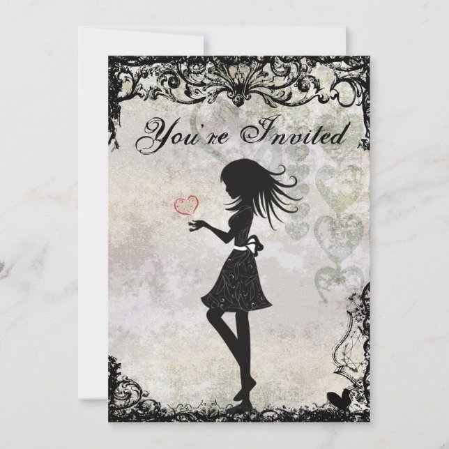 Silhouette Teen Girl and Hearts Birthday Invite (Front)