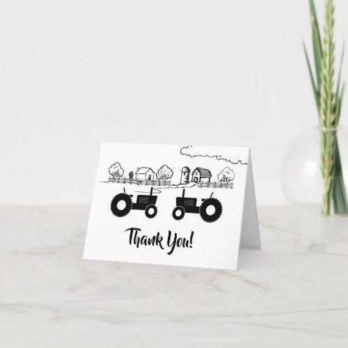 Silhouette Tractors and Farm Black _ White Thank You Card