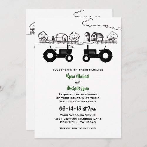 Silhouette Tractors and Farm Black _ White Wedding Invitation