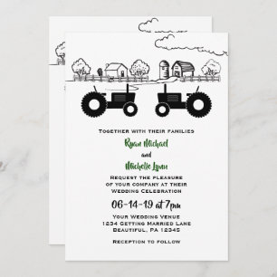 Silhouette Tractors and Farm Black - White Wedding Invitation