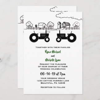 Silhouette Tractors and Farm Black - White Wedding Invitation