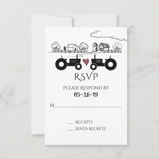 Silhouette Tractors and Farm Black - White Wedding RSVP Card (Front)