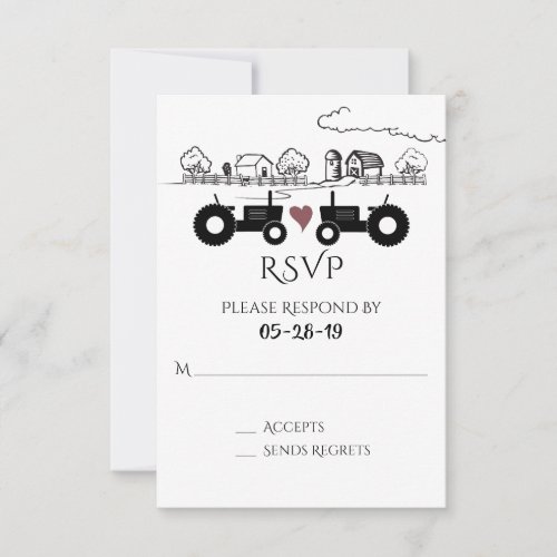 Silhouette Tractors and Farm Black _ White Wedding RSVP Card