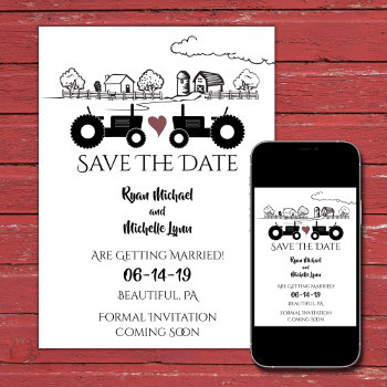 Silhouette Tractors And Farm Black - White Wedding Save The Date by SilhouetteCollection at Zazzle