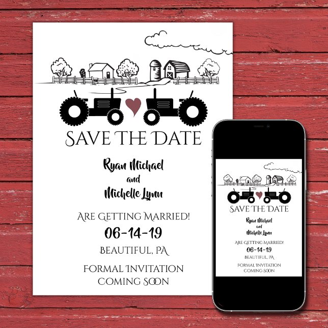 Silhouette Tractors and Farm Black - White Wedding Save The Date (Creator Uploaded)
