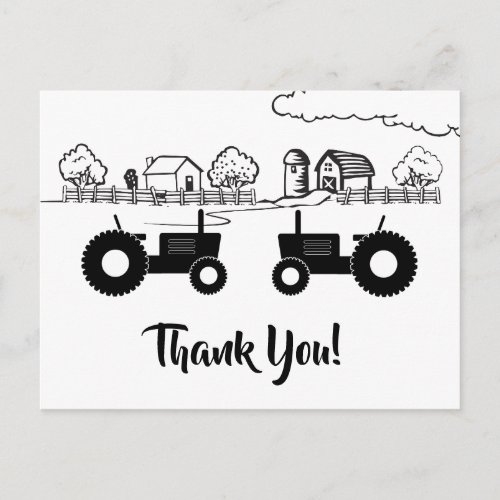 Silhouette Tractors n Farm Black _ White Thank You Postcard