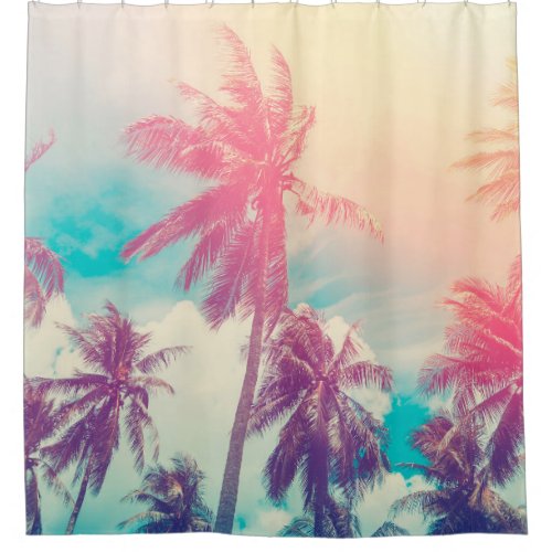 Silhouette tropical palm tree with sun light on su shower curtain