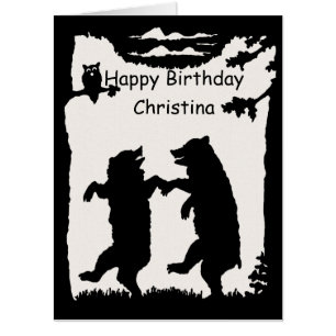 Silhouette Two Dancing Black Bears Trees Owl Card