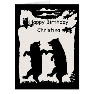 Silhouette Two Dancing Black Bears Trees Owl Card