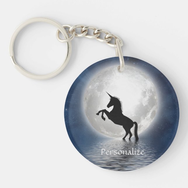 Silhouette Unicorn Full Moon Ocean Personalize Keychain (Front)