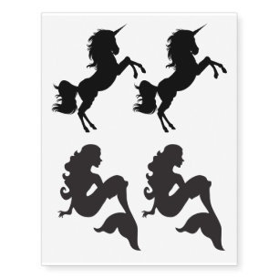 Silhouette Unicorns and Mermaids in Black Temporary Tattoos