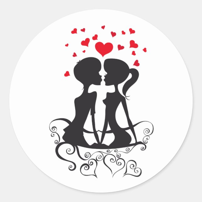 silhouette Valentine's Day couple Classic Round Sticker (Front)