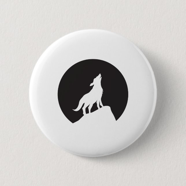 Silhouette Wolf on Rock with Moon Button (Front)