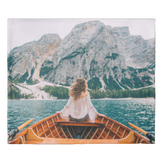 Silhouette Woman Alpine Lake Nature Duvet Cover