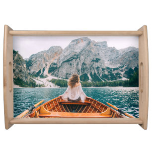 Silhouette Woman Alpine Lake Nature Serving Tray