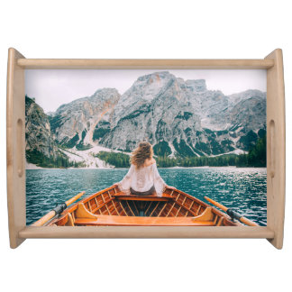 Silhouette Woman Alpine Lake Nature Serving Tray