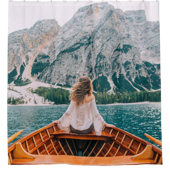 Silhouette Woman Alpine Lake Nature Shower Curtain (Front)