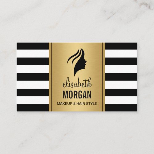 Silhouette Woman Face Gold Black White Stripes Business Card