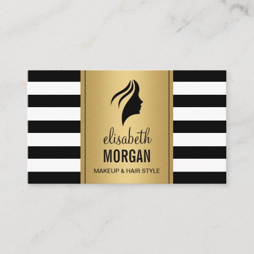 Customizable Silhouette Woman Face Gold Black White Stripes Business Card