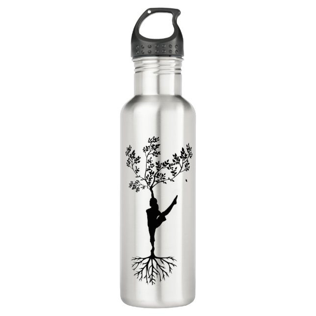 Silhouette Women Tree Yoga Stainless Steel Water Bottle (Front)