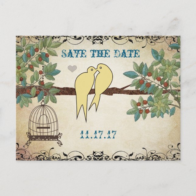 Silhouette Yellow Birds Bird Cage Save the Date Announcement Postcard (Front)