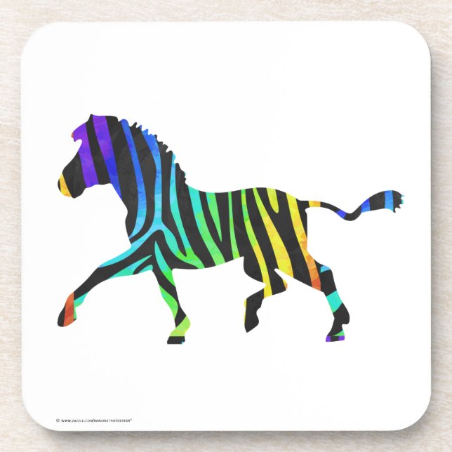 Silhouette Zebra Black and Rainbow Drink Coaster (Front)