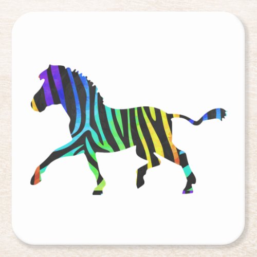 Silhouette Zebra Black and Rainbow Square Paper Coaster