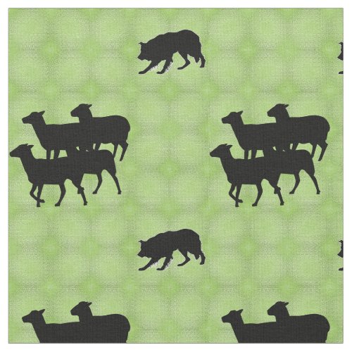 Silhouetted Border Collie Herding Sheep Fabric