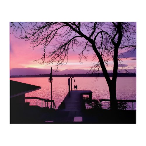 Silhouetted Couple on Dock with Pink Sunset Sky Acrylic Print