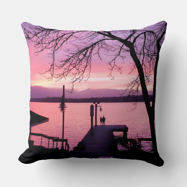 Silhouetted Couple on Dock with Pink Sunset Sky Throw Pillow (Front)