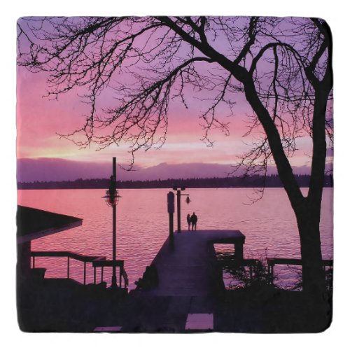 Silhouetted Couple on Dock with Pink Sunset Sky Trivet