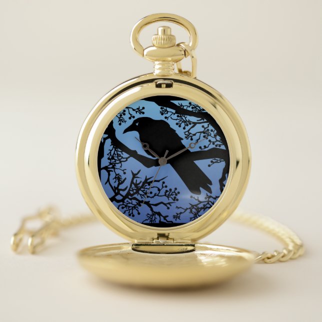 Silhouetted Crow in a tree Pocket Watch (Inside)