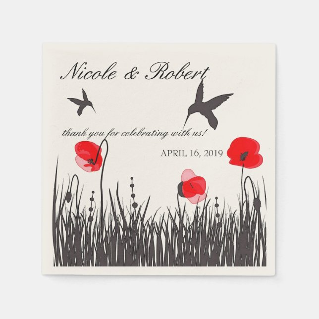 Silhouetted Hummingbirds & Red Poppies Custom Paper Napkins (Front)
