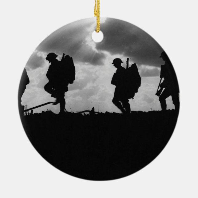 Silhouetted Marching World War I Soldiers (1917) Ceramic Ornament (Back)