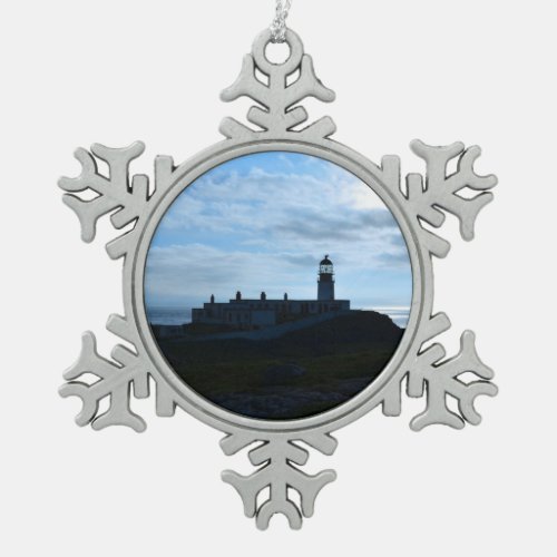 Silhouetted Neist Point Lighthouse Snowflake Pewter Christmas Ornament