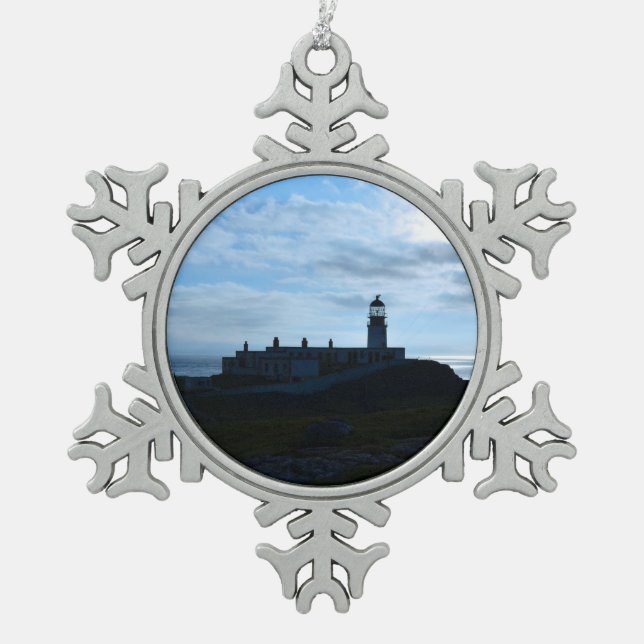Silhouetted Neist Point Lighthouse Snowflake Pewter Christmas Ornament (Front)