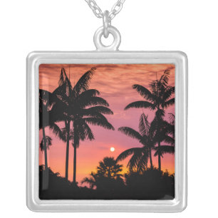 Silhouetted palm trees, Hawaii Silver Plated Necklace