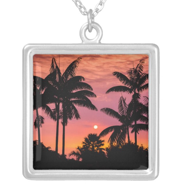 Silhouetted palm trees, Hawaii Silver Plated Necklace (Front)