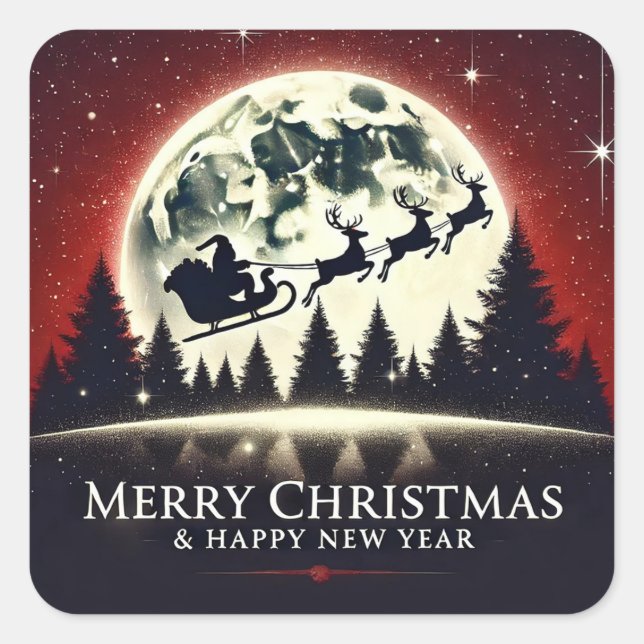 Silhouetted Santa and Reindeer Flying Square Sticker (Front)