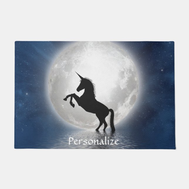 Silhouetted Unicorn Against Full Moon Personalized Doormat (Front)