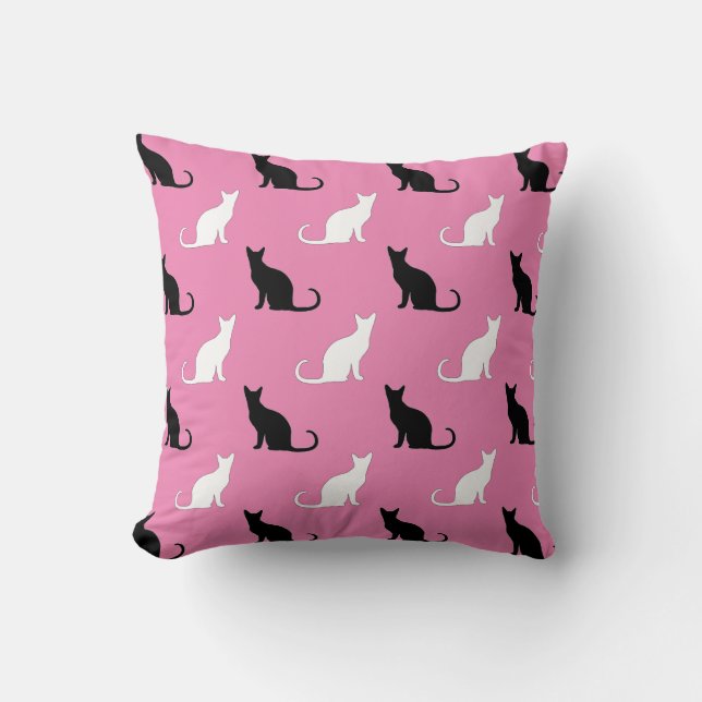 Silhouettes Of Black and White Cats On Pink Throw Pillow (Front)