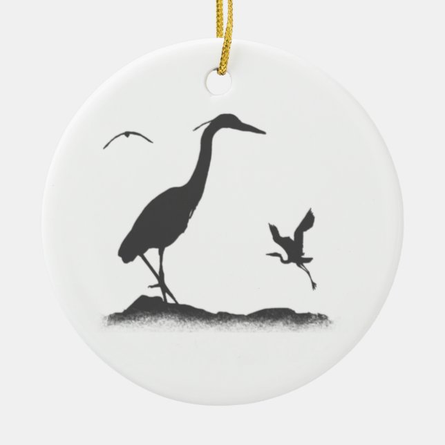 Silhouettes of Great Blue Heron Ceramic Ornament (Front)